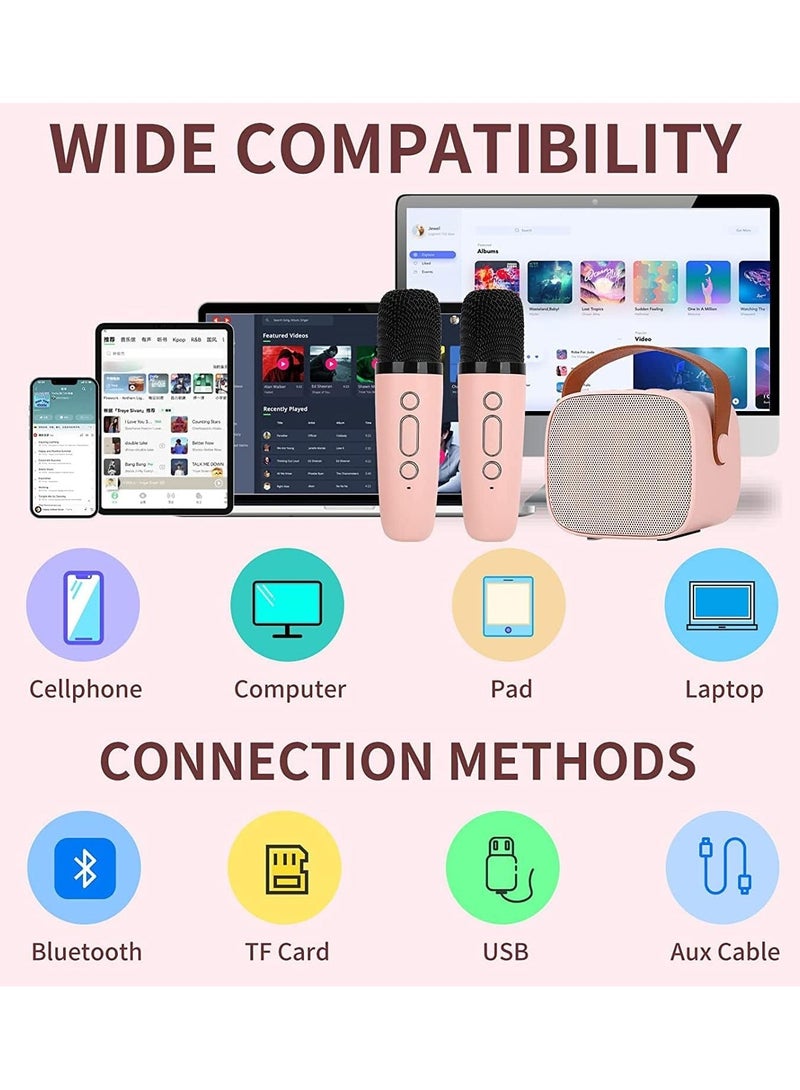 Mini Karaoke Machine for Kids, Portable Bluetooth Speaker with 2 Wireless Microphone for Adults with Led Lights, Karaoke Gifts for Girls and Boys Birthday Home Party(Pink) - Image 4